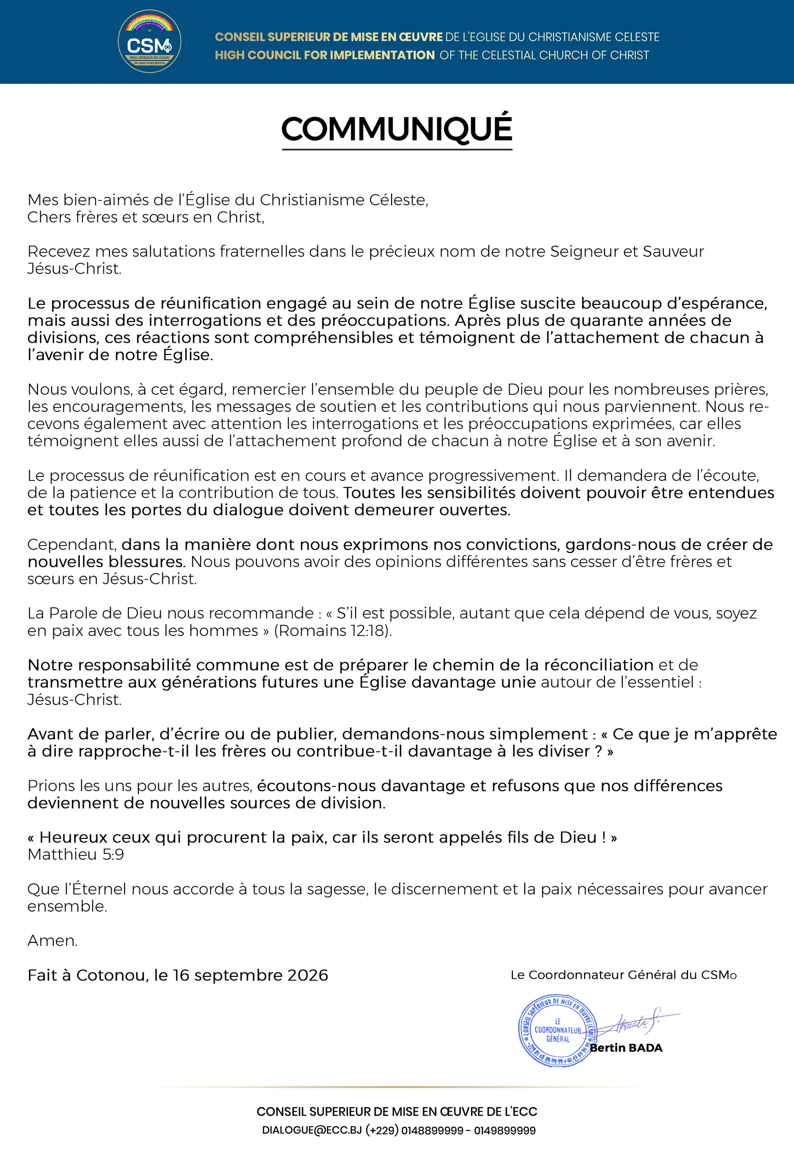 Réunification de l’ECC : le Coordonnateur Général du CSMO appelle à la paix, au dialogue et à la fraternité